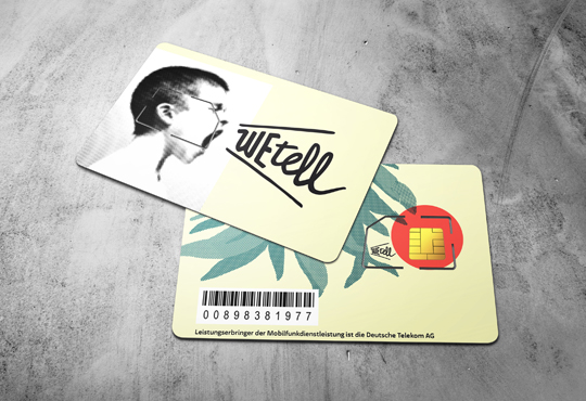 SIM-Karten, mit Aufschrift "WEtell" und jungem Mann mit zum Schreien aufgerissenem Mund 