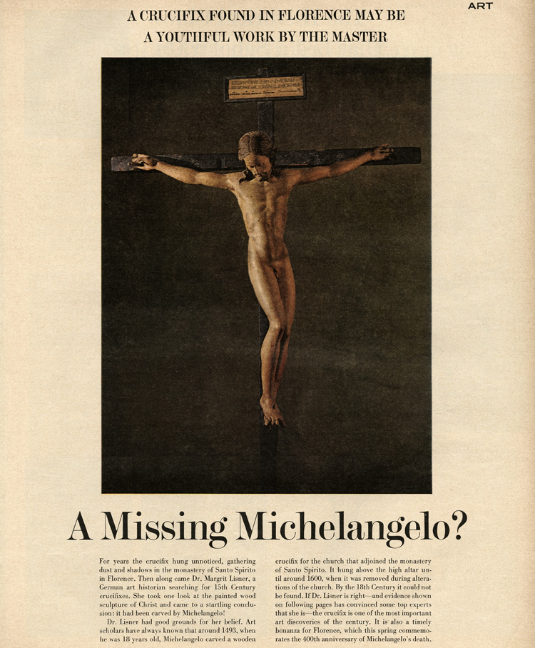 Artikel Deckblatt mit Kruzifixus und Titel "A Missing Michelangelo?"